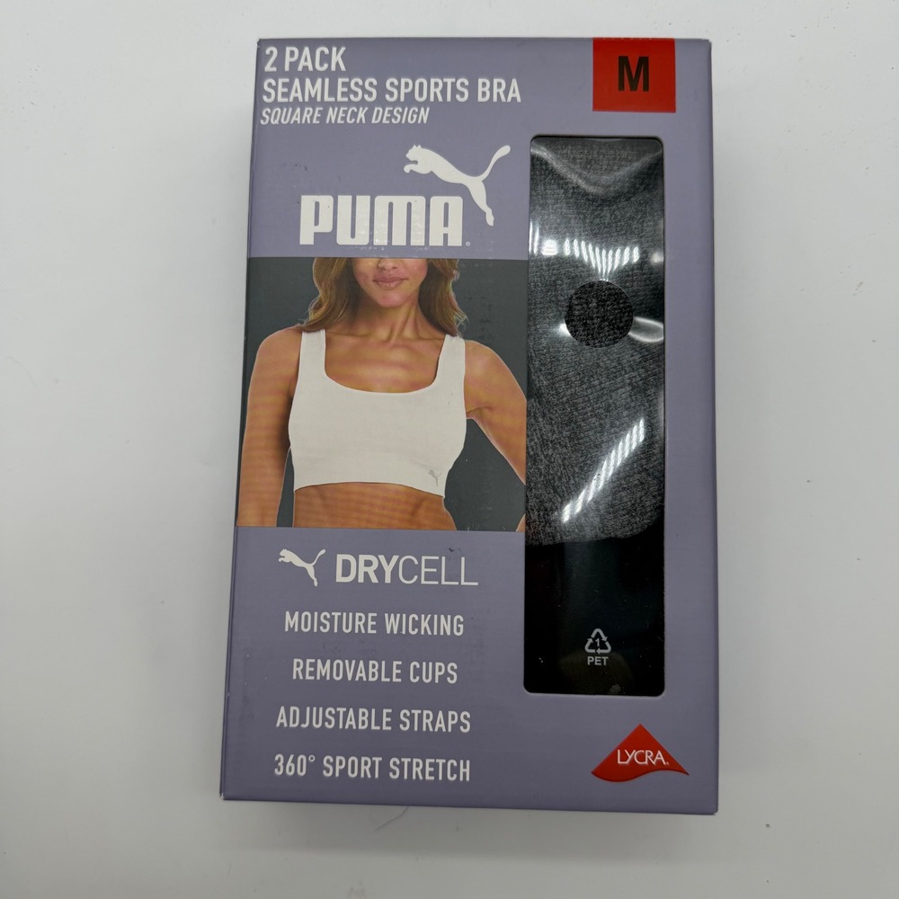 Puma Womens 2 Pack Seamless Sports Bra Square Neck Convertible Back Medium Grey